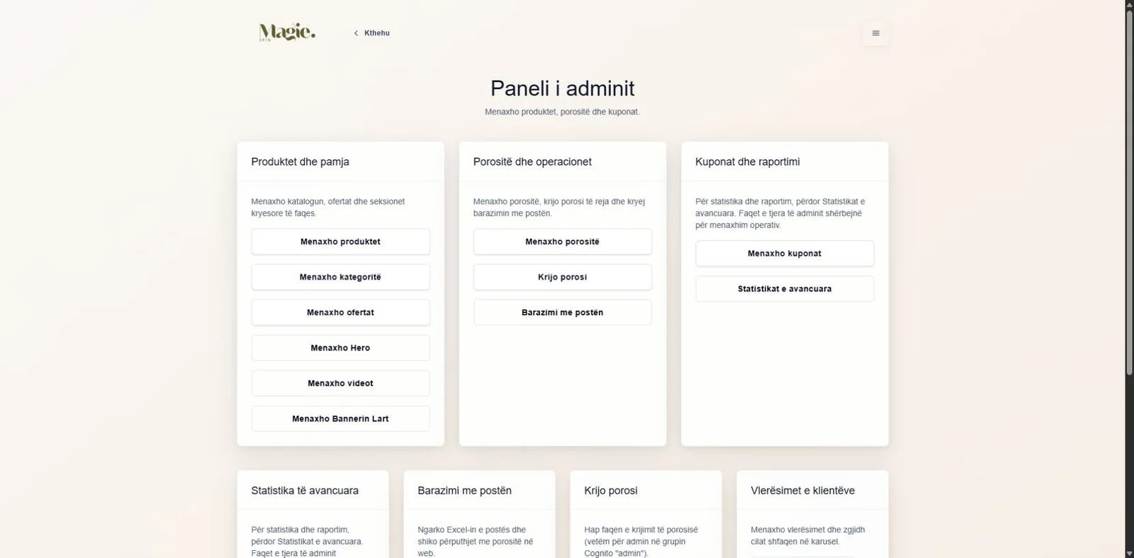 Magieskin admin overview showing storefront, order, reporting, review, and stock management areas
