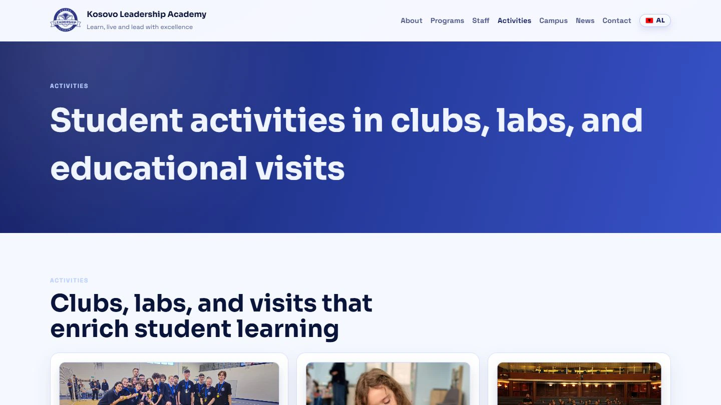 KLA activities page with clubs, labs, and educational visits