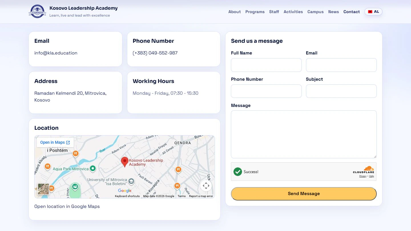 KLA contact page with school details, location map, and enquiry form on desktop