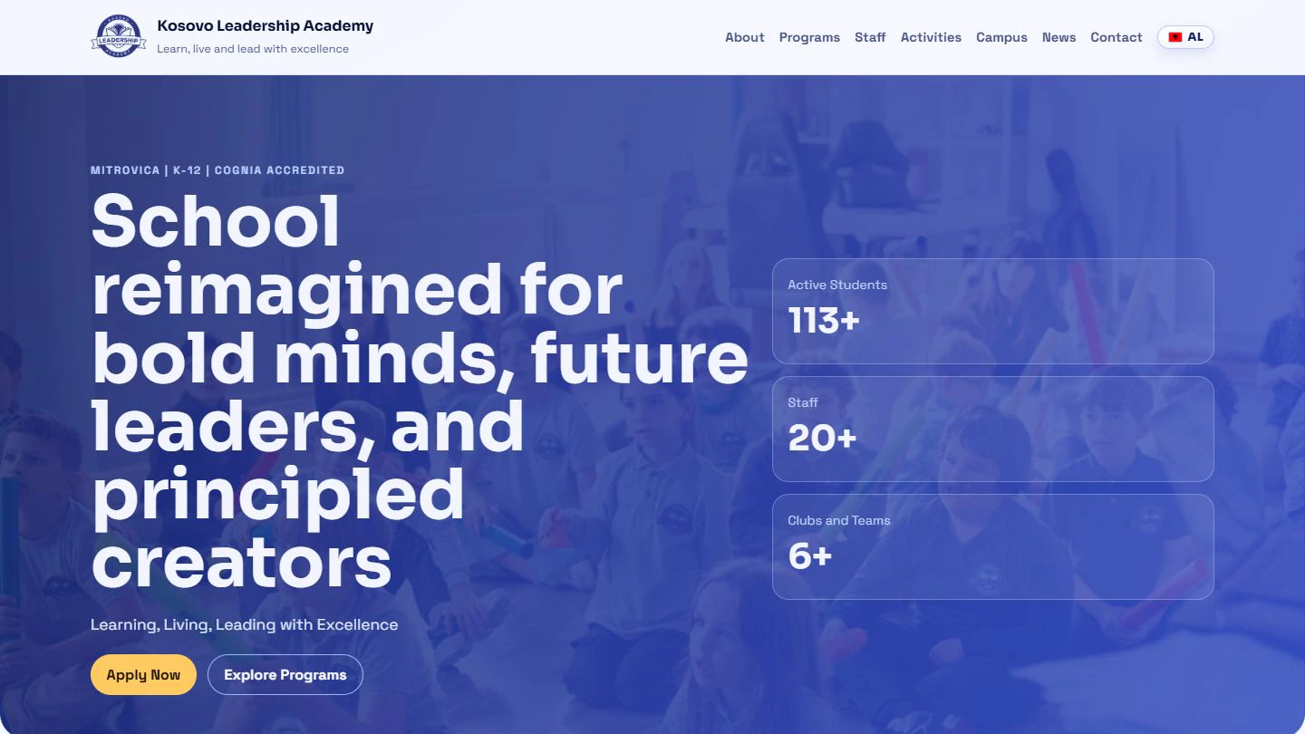 KLA homepage showing its key message, school statistics, and admissions actions