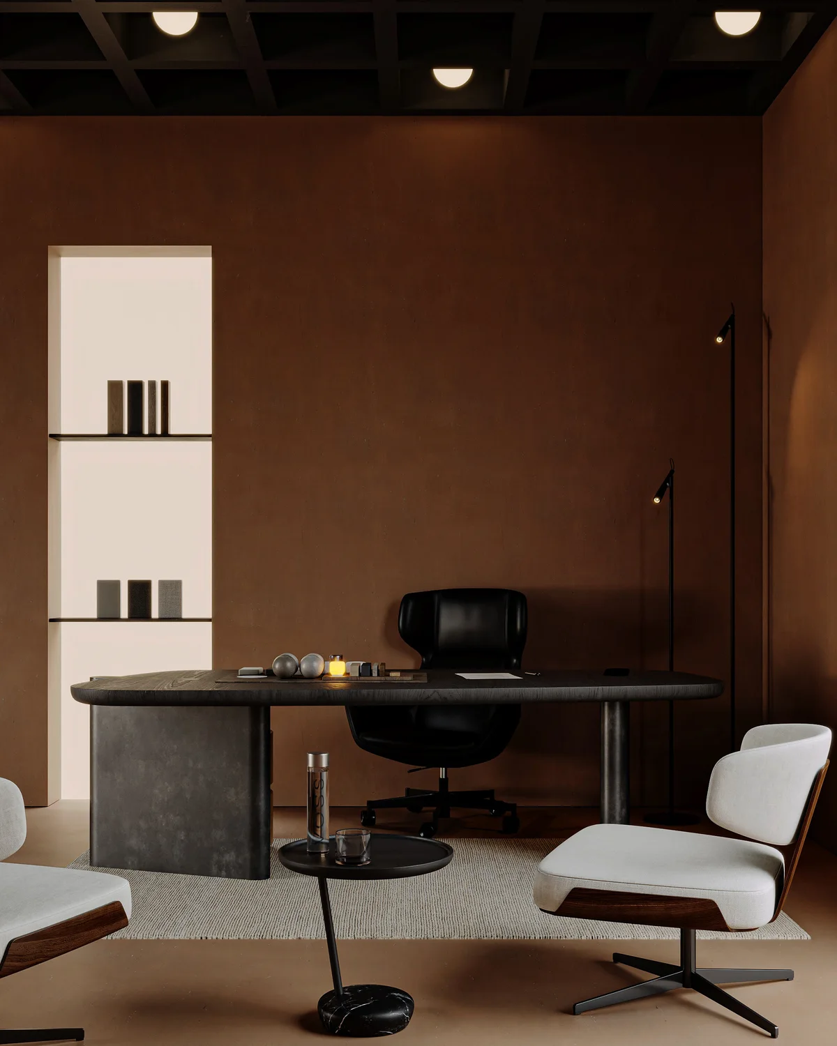 Warm, dark office visualization showing Kornizë's material and lighting detail