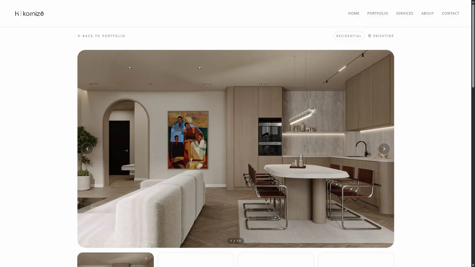 Desktop Kornizë project gallery with image controls and thumbnails