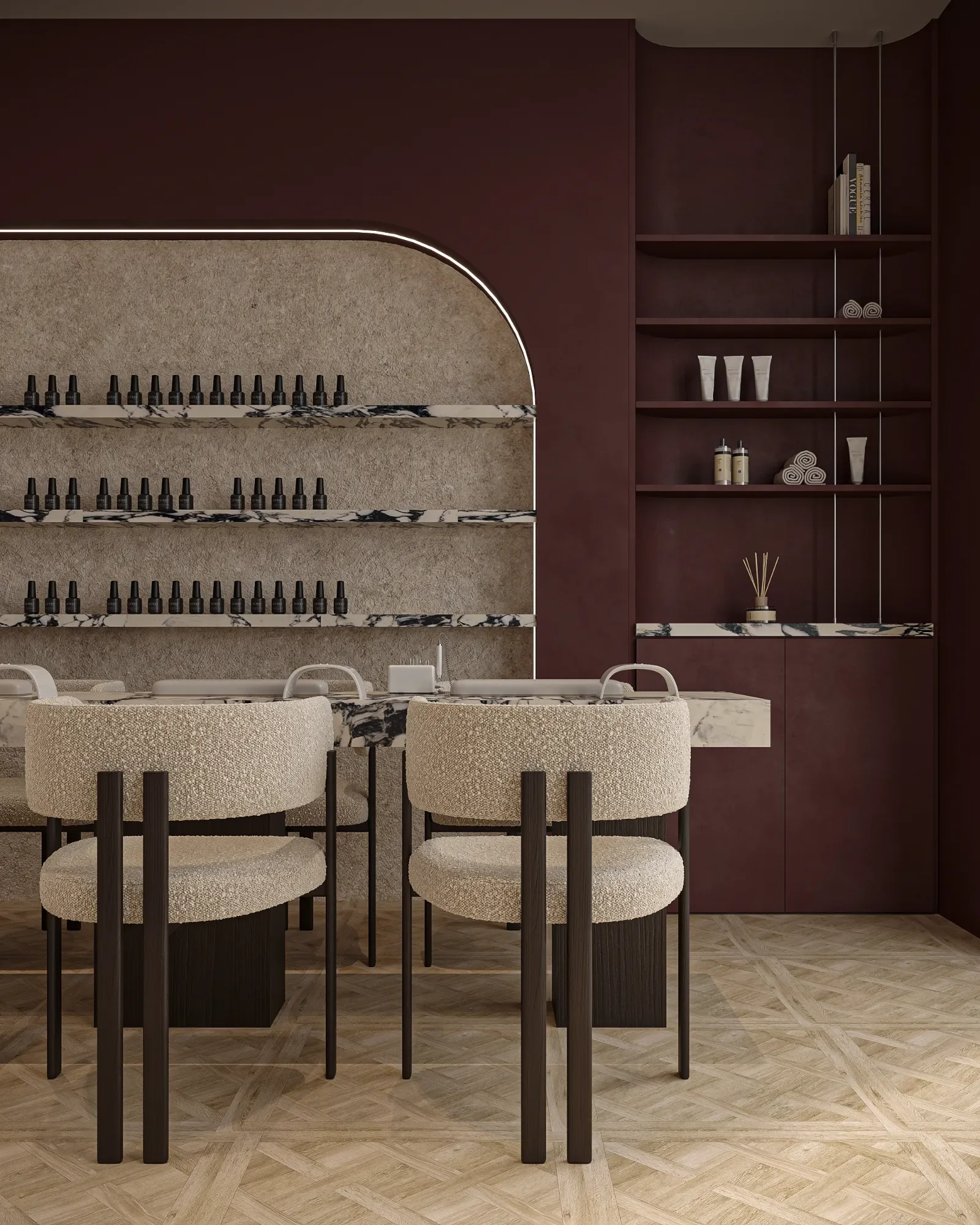 Deep oxblood commercial interior visualization by Kornizë Studio