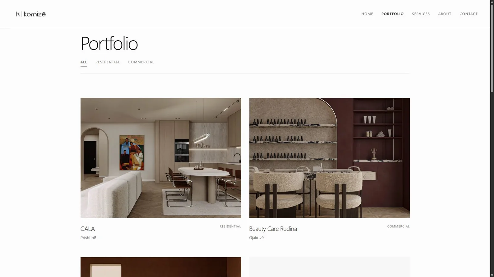 Desktop view of the Kornizë project portfolio with residential and commercial filters