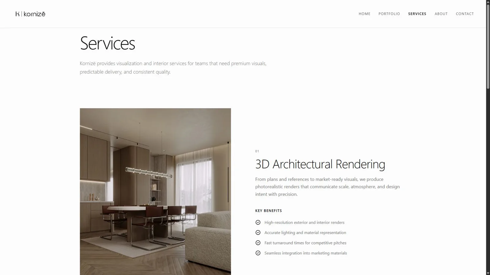 Desktop Kornizë services page explaining architectural rendering
