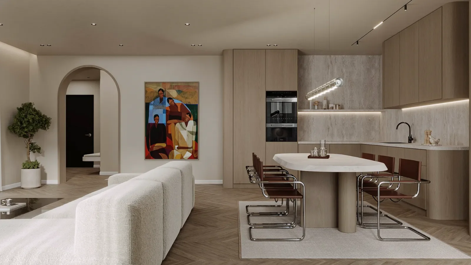 Kornizë residential visualization featuring an arched doorway and art-filled kitchen